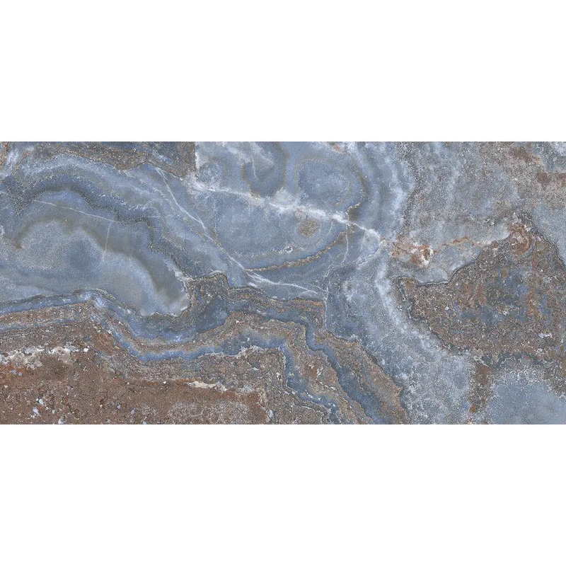 Swirlende blauwe en bruine marmerpatroon met aderen op Jewel Blue Pulido 60x120 rett