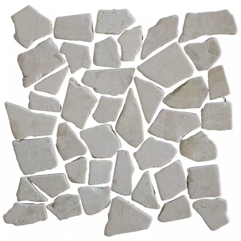 Broken white ceramic pieces in a mosaic of Kerabo Beige Marmeren Mozaïek Tegels