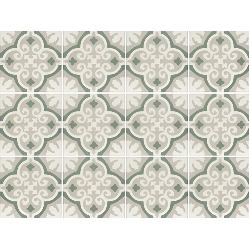 Decoratieve saliegroene en witte 20x20 tegels in een mooie collectie met quatrefoil patroon