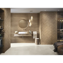 Moderne badkamer met Larchwood Ipe 30x90 rett, ronde spiegel en hanglampen