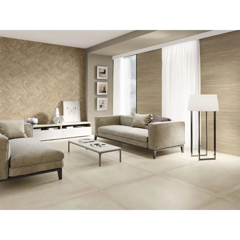 Moderne beige woonkamer set met Larchwood Parkiet Alder 40x120 rett en minimalistisch design