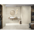 Moderne larchwood zig maple badkamer met ronde spiegel en pendellampen