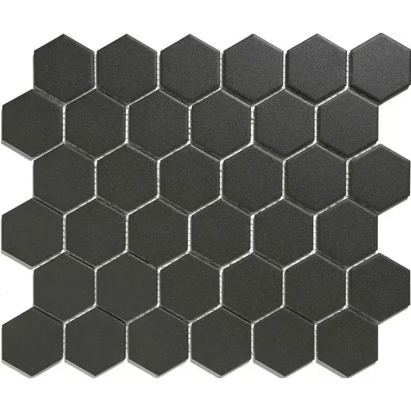Dark grijze hexagonale mozaïektegels met lichte voeg, perfect past bij LOH1017 Black Matt R11