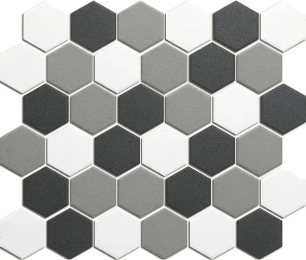 Hexagonale mozaïek tegels in wit, lichtgrijs en donkergrijs voor LOH10MIX3 Contrast Mix Matt R11