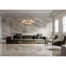 Moderne grijze quilted bank met decoratieve kussens en Luxury Beige gepolijst 60x120 rett