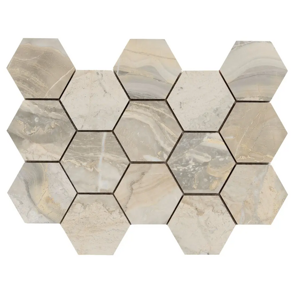 Hexagonale marmeren tegels in honingraatpatroon met beige en grijze aders voor Luxury Hexagon Mozaiek Ample Beige Gepolijst