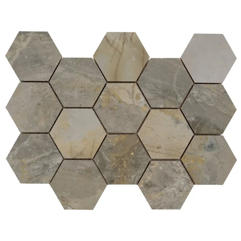 Luxe hexagon mozaïek Ample Nature gepolijst in een stijlvolle honingraatpatroon