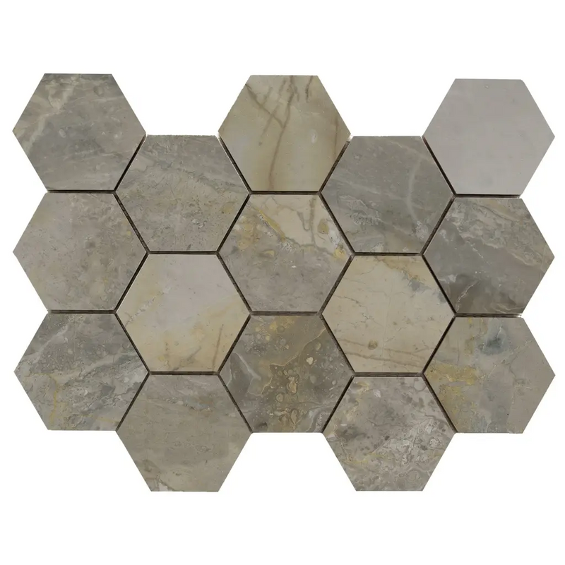 Hexagon mozaïek Ample Nature gepolijst in luxe honigraatpatroon van marmer