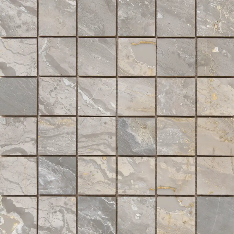 Grey marble mosaic tiles in a square grid, perfect for Luxury Mozaiek Beige Gepolijst 5x5