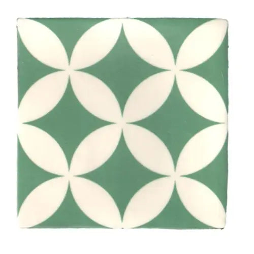 Groene en witte decoratieve tegel met een herhalend cirkelpatroon, Madelaine Decor-25 13x13