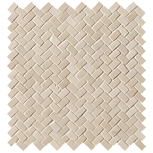 Beige herringbone patroon van Maku Sand Spina mosaico mat anticato 1,3x2,3 op net