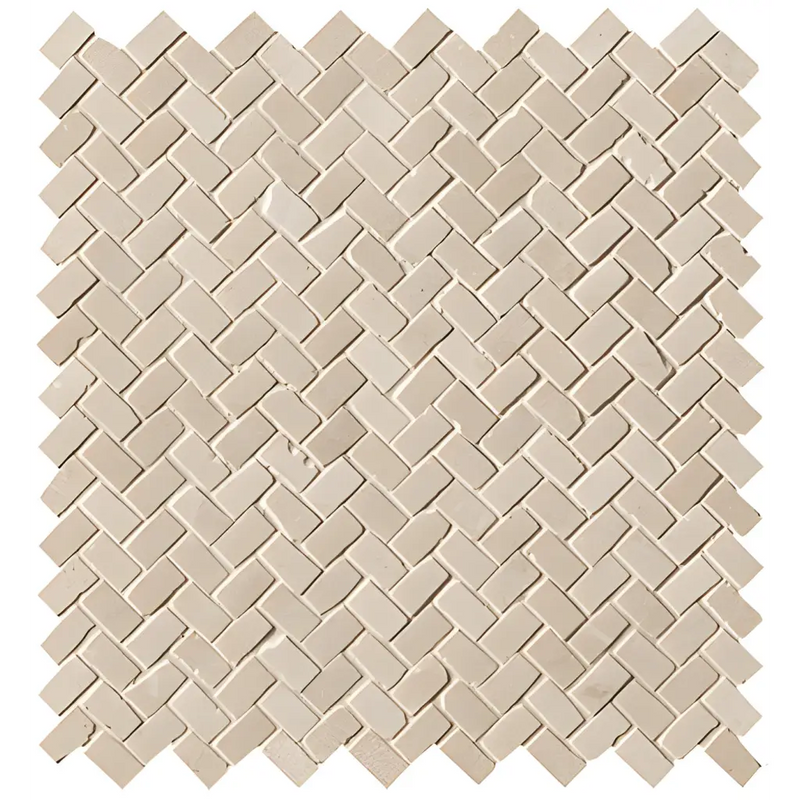 Beige herringbone patroon van Maku Sand Spina mosaico mat anticato 1,3x2,3 op net