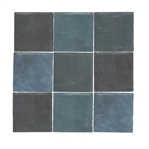 Maroc Graphite Mix tegels in 3x3 grid of dark gray and blue-gray tiles