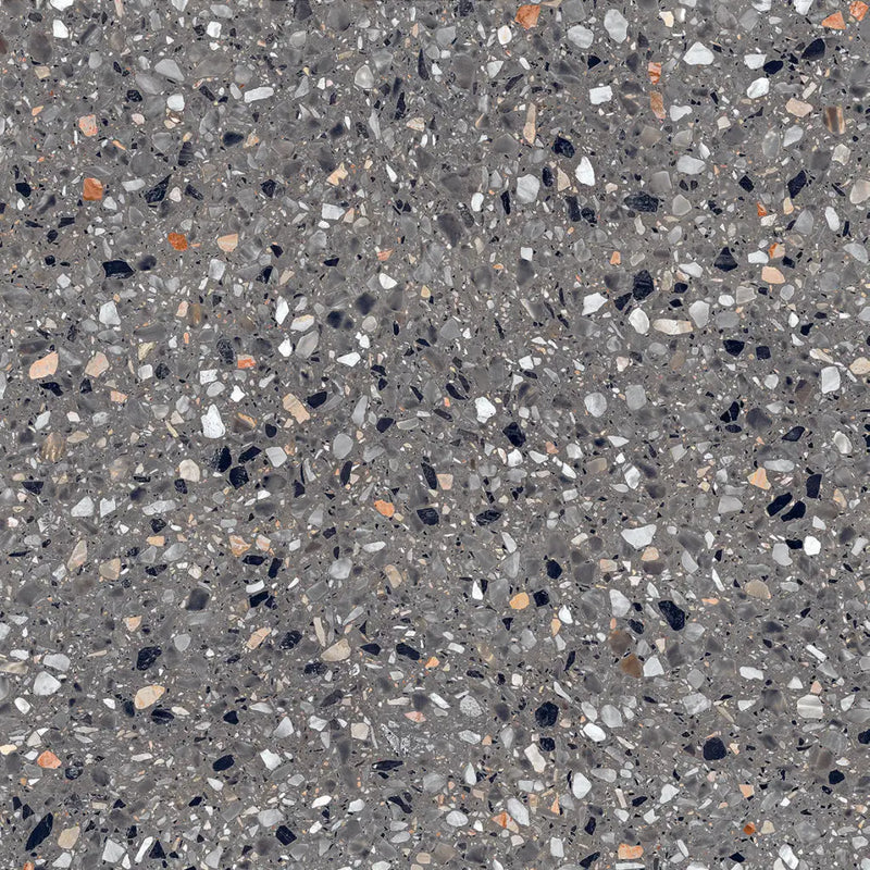 Grijze Medley terrazzo Antracite 60x60 rett tegel met kleurige chips
