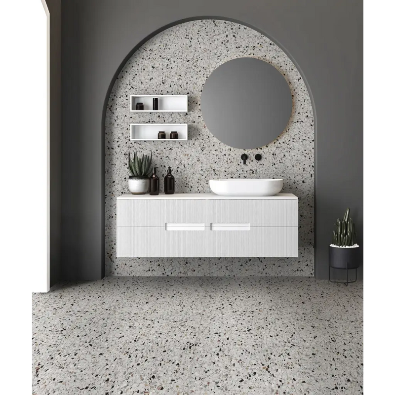 Witte Medley terrazzo white 60x60 vanity met dubbele lade en vessel sink