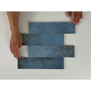 Vier blauwe-grijze tegels in een verspringend patroon van Moon Blue Glans 7,5x30