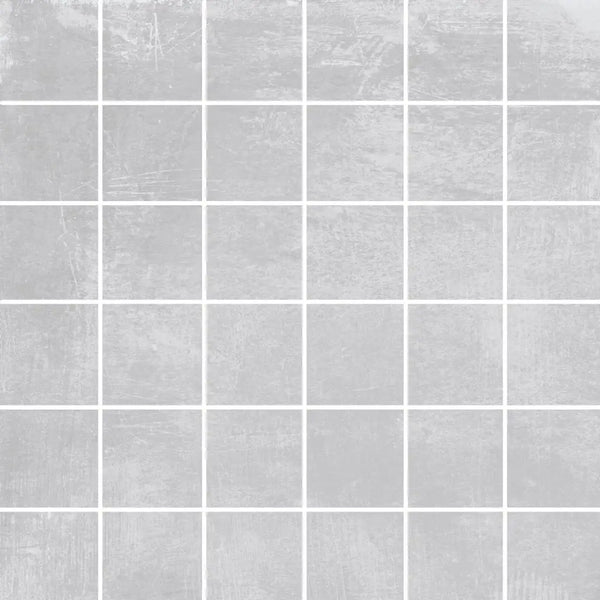 Grey tile mosaic pattern with white grout lines in Mozaiek Loft Ash 5x5