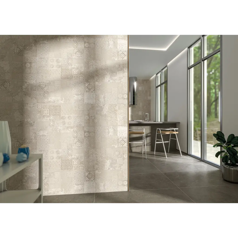 Textured beige wall with geometric patterns, perfect for Munich Taupe 60x120