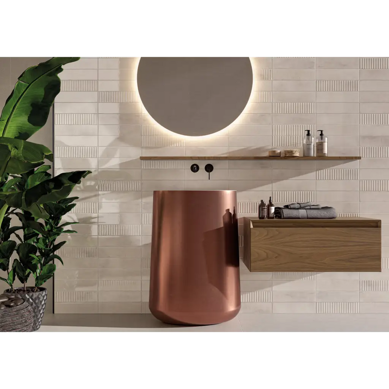 Rose gold cilindrische wastafel met modern design in Mussa Ivory Glans 7,5x30