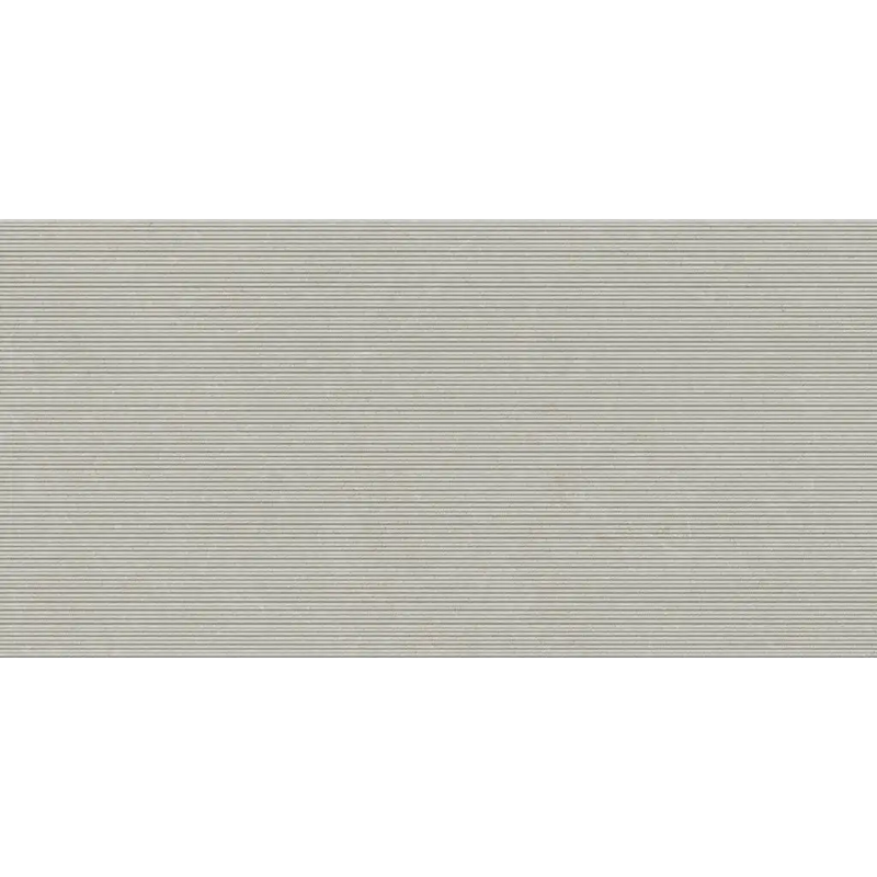 Grijze gegolfde metalen wand met horizontale ribbels in mytos bone neli decor 60x120 voor stijlvolle decoratie