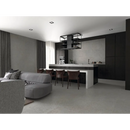 Moderne minimalistische keuken met mytos greige 60x120 rett eiland en wit strak blad met matzwarte kastjes