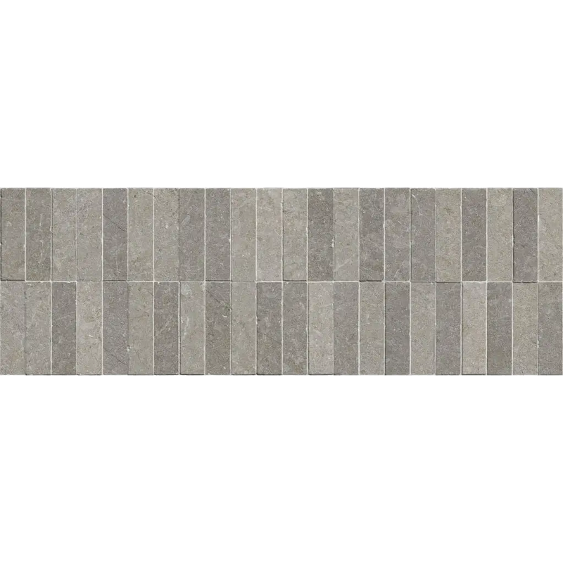 Gray rectangular stone tiles in a uniform pattern from mytos greige still decor wandtegel 30x90 rett