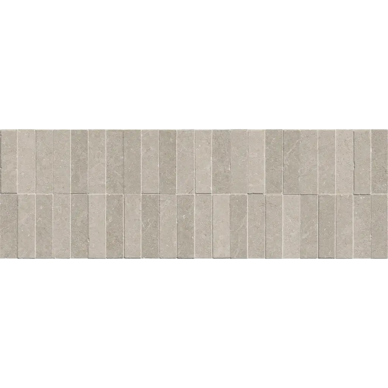 Gray mytos sand still decor wandtegel 30x90 rett stone tiles arranged in a uniform grid pattern