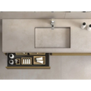 Minimalistische neutra cream 100x100 rett wasbak met strakke chromen kraan in lichtgrijs betonnen werkblad