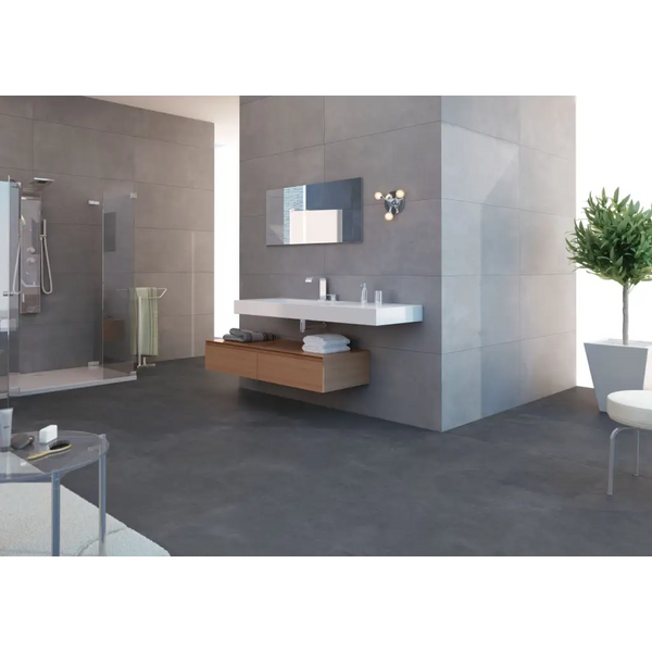 Moderne minimalistisch badkamer met Nexus Antraciet 90x90 en houten wastafel
