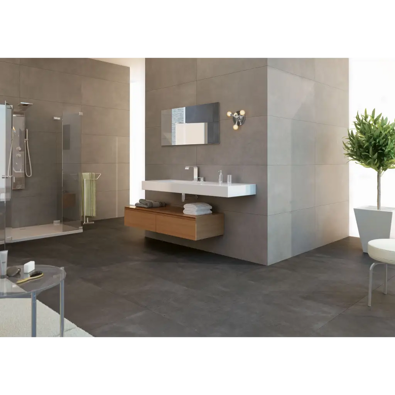 Moderne minimalistische badkamer met Nexus Antracite 60x120 rett en glazen douche