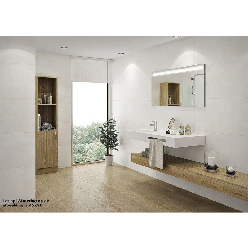 Modern minimalist bathroom showcasing Nexus Glaciar 30x60 rett with floating vanity