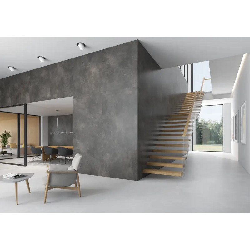Minimalistische houten trap met metalen steunen, Nexus Glaciar 90x90 Rett stijl