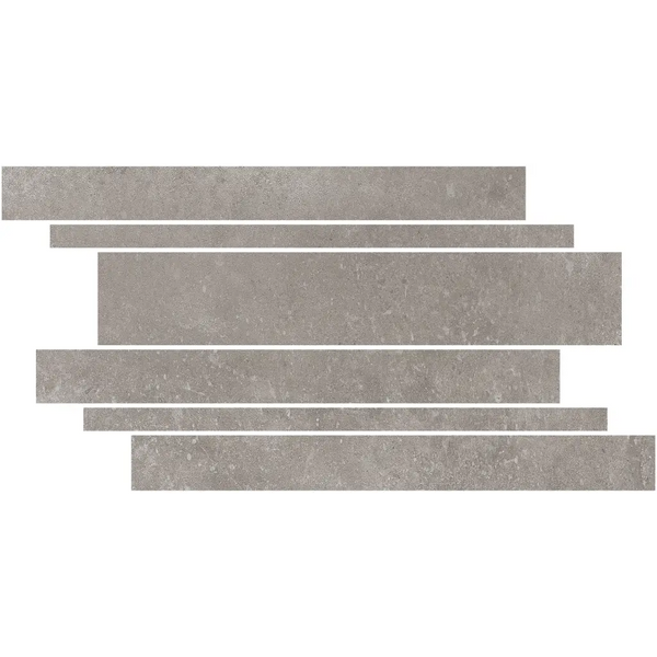 Gray stone-textured Nexus Pearl mozaïek strips in staggered horizontal pattern