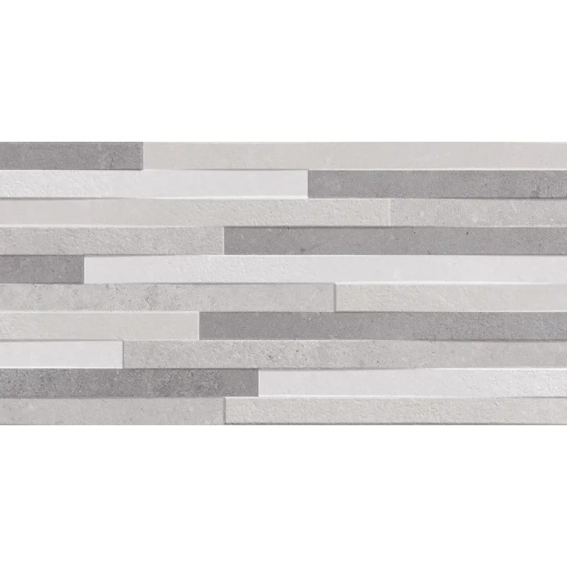 Modern Nexus Pearl relieve wandtegel 30x60 met witte en grijze stenen strips