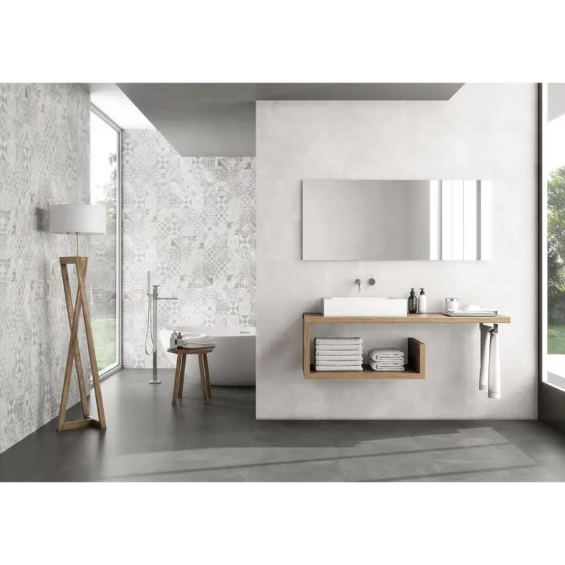 Moderne minimalistische badkamer met Nexus White 30x60 en een wit wastafelblad