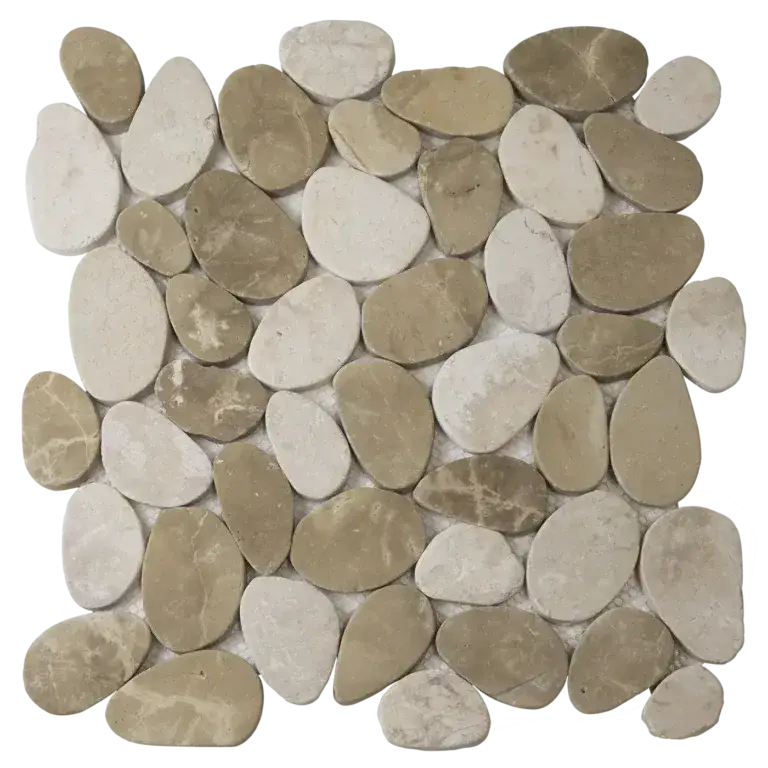 NMP800 Bruin mosaic met tan en off-white rivierstenen, perfect voor dark grey vloertegels