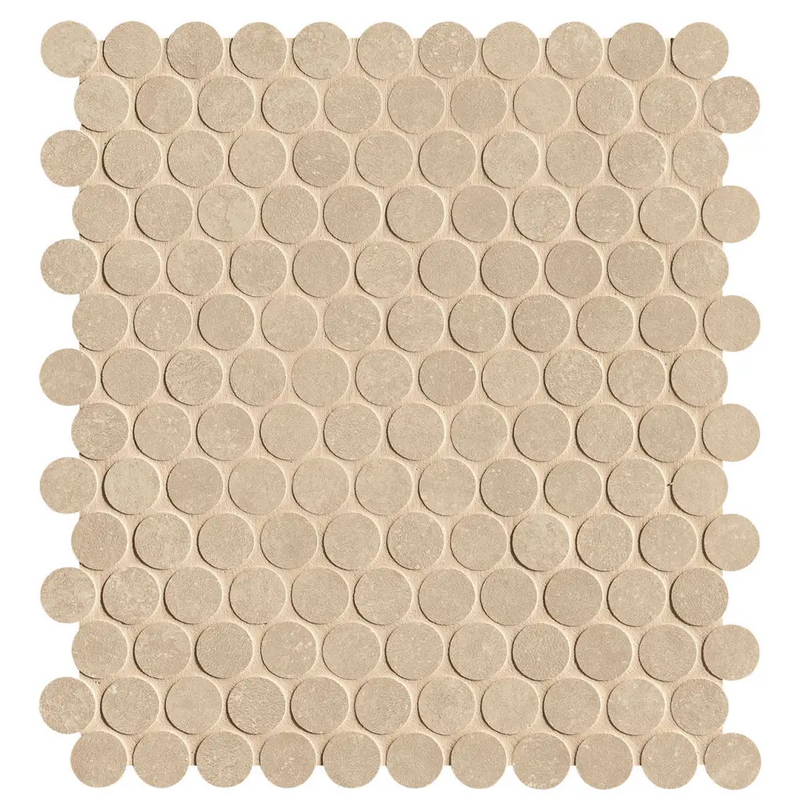 Beige penny round mosaïco van Nobu Beige in een nette 29x32,5 cm grid