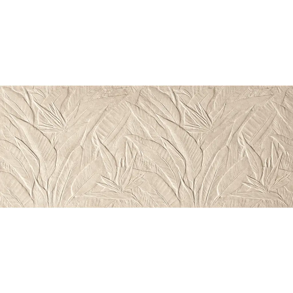 Textuur van een beige Nobu wandtegel met botanisch patroon in 50x120 formaat