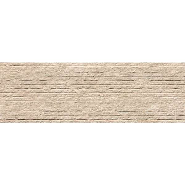 Textured beige brick wall of Nobu Beige wandtegel row 25x75 rett met striations