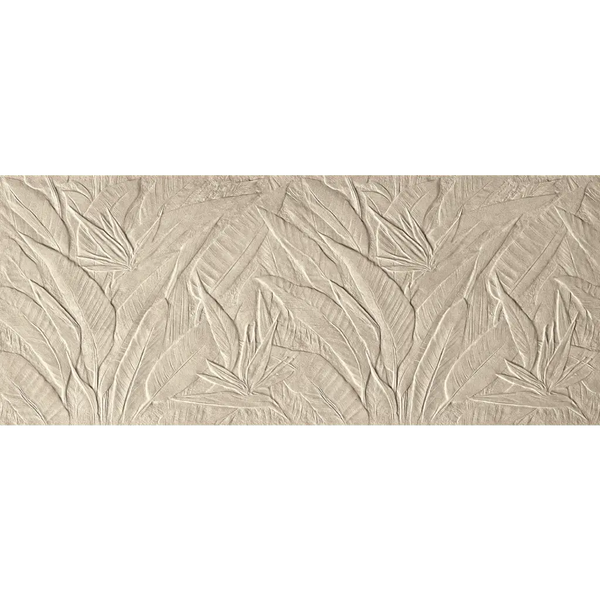 Textured Nobu Grey wandtegel Litia 50x120 Rett met bladeren in beige patroon