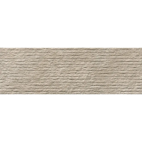 Textured beige brick wall design on Nobu Grey wandtegel row 25x75 voor modern interieur