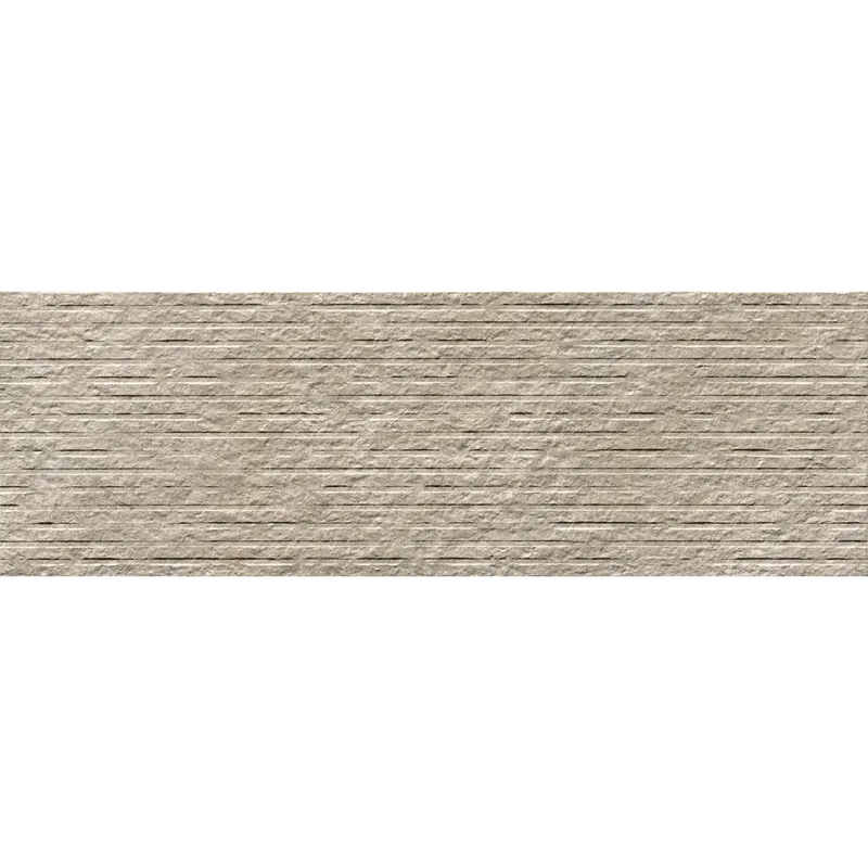 Textured beige brick wall design on Nobu Grey wandtegel row 25x75 voor modern interieur