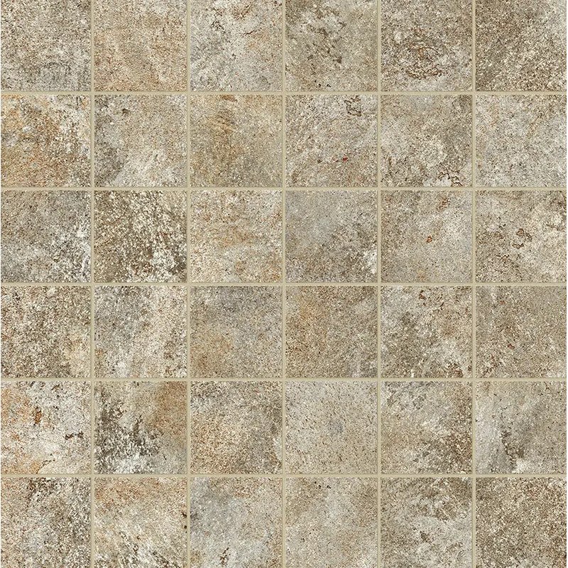 Nobu Slate Macro mosaico 5x5 met beige en grijze tegelstructuur in vierkant patroon