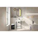 Minimalistische badkamer vanity met glazen plank en ovaal spiegel boven Nobu White 6x24