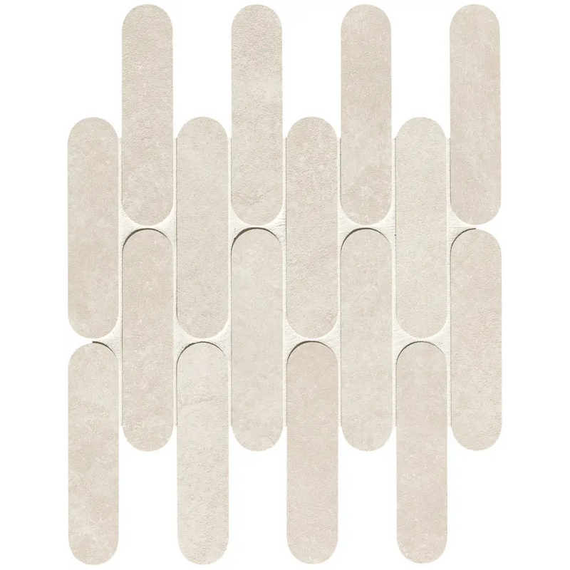 Beige popsicle sticks in a vertical pattern in Nobu White Curve Mosaico design