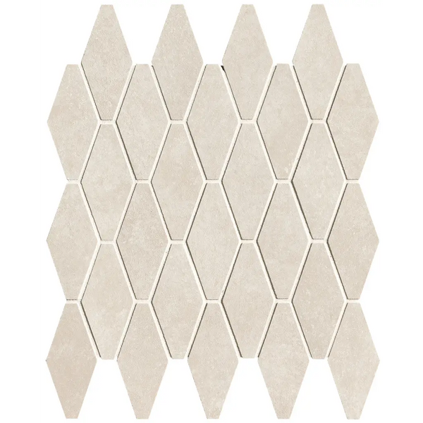 Beige diamond-shaped mosaic tiles in a Nobu White rombi pattern for stylish decor