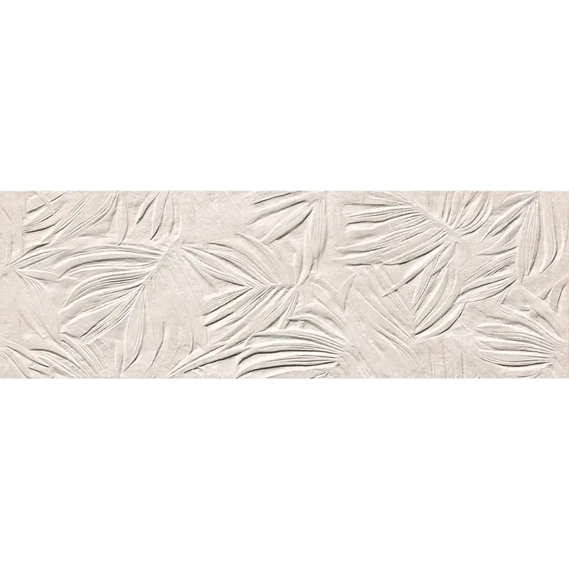 Textuur van de Nobu White wandtegel fossil 25x75 met golvende patroon