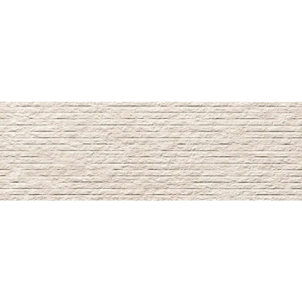 Textured beige brick wall with horizontal striations in Nobu White wandtegel row 25x75 rett