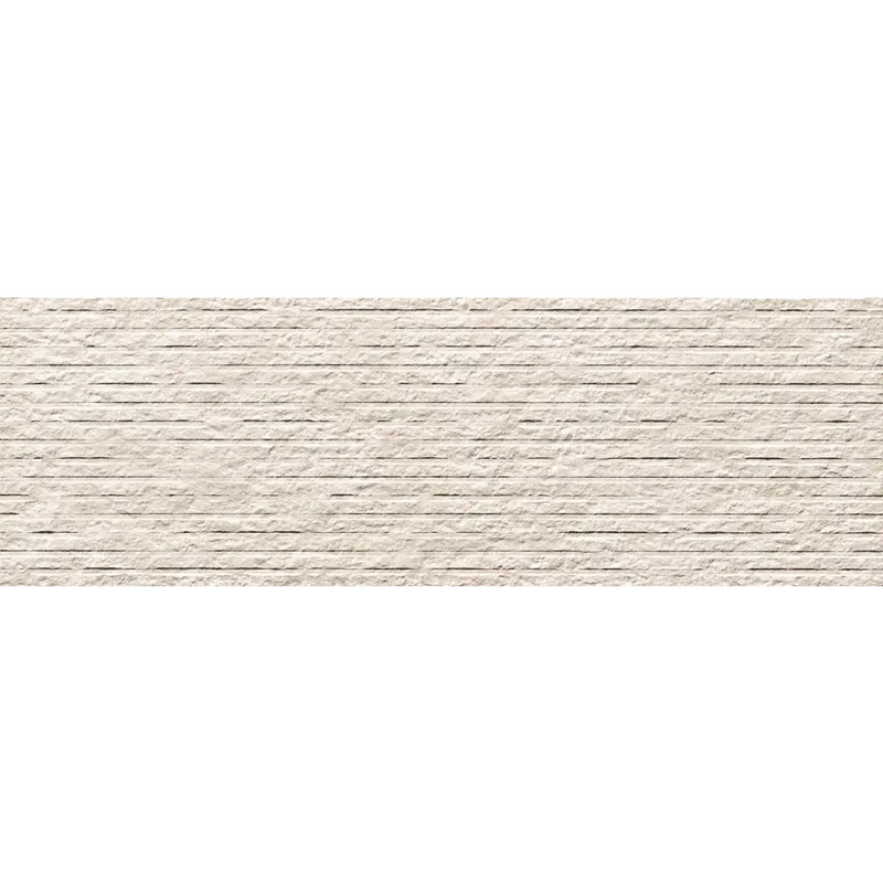 Textured beige brick wall with horizontal striations in Nobu White wandtegel row 25x75 rett