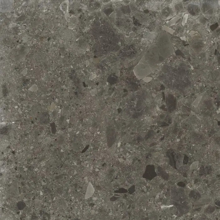 Donkere grijze terrazzo met zwarte en lichte grijze stukken, Nover Black 60x60 Rett